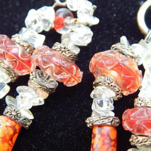 Vintage Clear Quartz Rock & Orange ART Glass Bead Double String 7 inch Bracelet