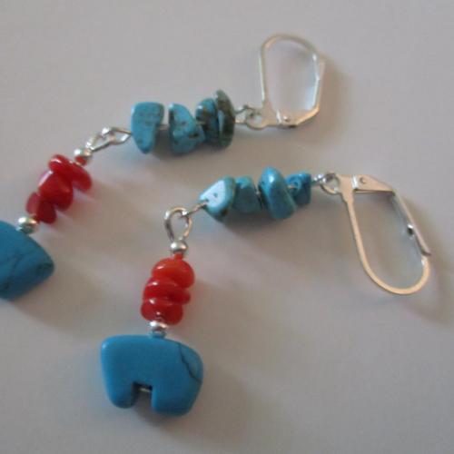 Zuni Bear turquoise and coral dangle earrings