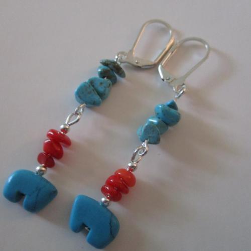 Zuni Bear turquoise and coral dangle earrings