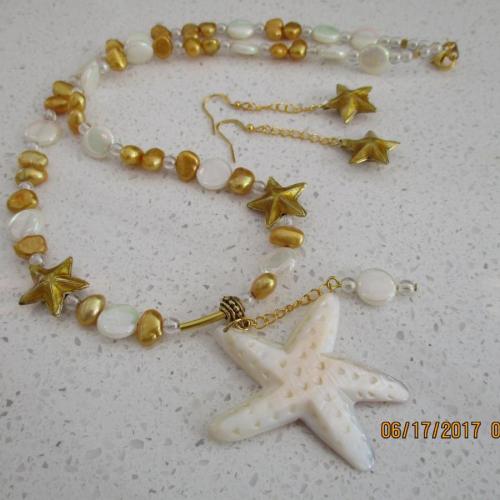 Sea Shore Starfish mother of pearl fwp cloisonne-pendant necklace and earrings