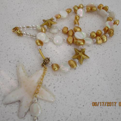 Sea Shore Starfish mother of pearl fwp cloisonne-pendant necklace and earrings