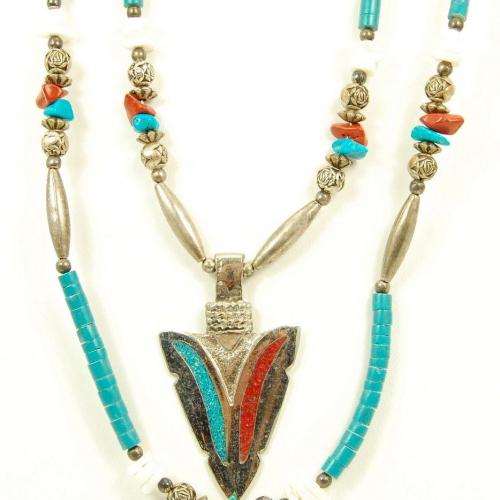 Vintage Sterling Silver Turquoise Coral And Shell Arrowhead Necklace