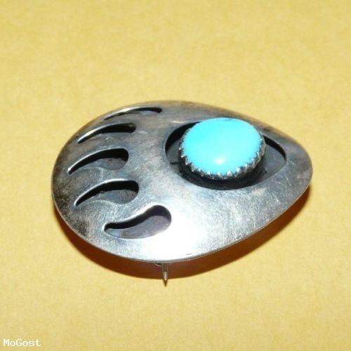 ~VTG~NAVAJO~STERLING~SILVER~w/ TURQUOISE~BEAR~CLAW~PAW~SHADOWBOX~PENDANT~OR~PIN~