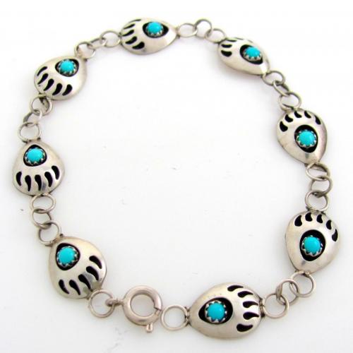 Navajo Sterling Silver & Turquoise Bear Claw Shadowbox Paw Bracelet