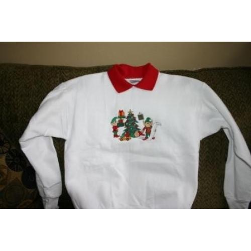 Adult White Sweatshirt Embroidered with Christmas Elf Scene - U Pic Size and Col