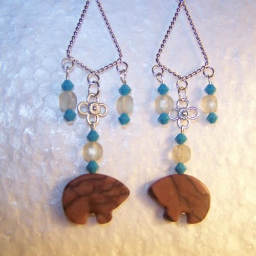 ZUNI BEAR Earrings with Turquoise Crystal 3 3/4 inch Dangles