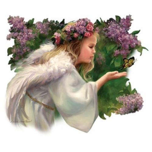 Girl Angel in flowers with butterly in shades of purple