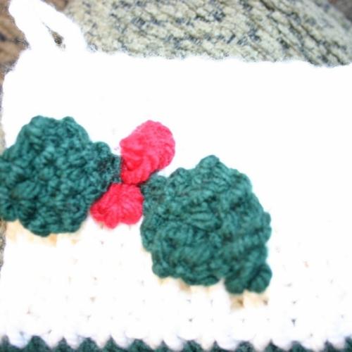 Green Knitted Christmas Mitten with Holly Leaf Stocking