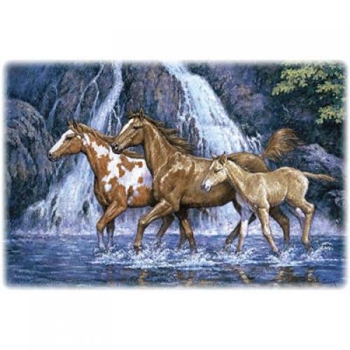 3 Horses in front of a waterfall on a white T-shirt