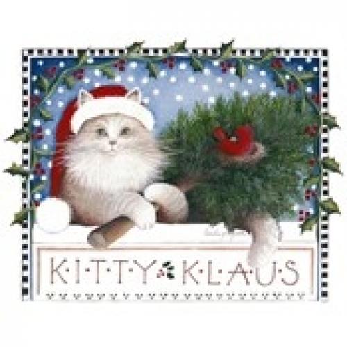 Meowy Christmas - Kitty Klaus with cardinal on Sweatshirt - U Pic Size and Colla
