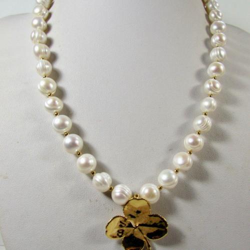 Four Leaf Clover w 8-8.5mm Ring Pearls Necklace