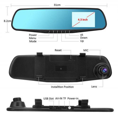 HD LCD Mirror  Dash Cam Dual Lens DVR Reverse Rear View Camera