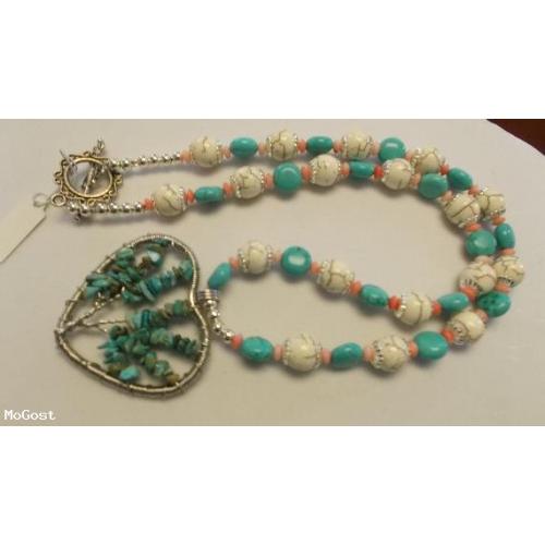 Tree of Life-Turquoise Heart- 22 inch turquoise and coral necklace