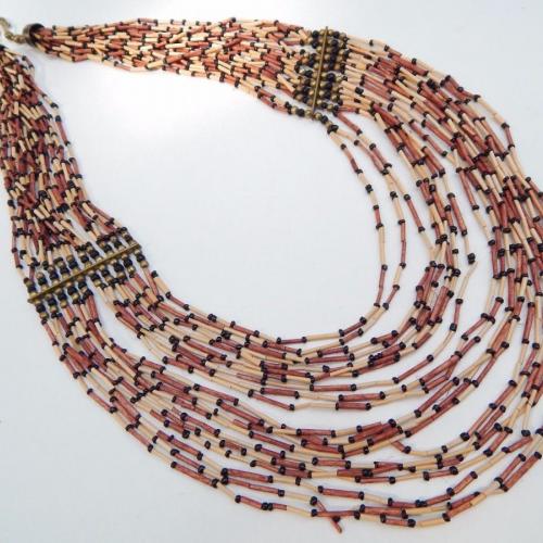 Vintage 1960s South Western Wood Micro Bead Multi Strand Necklace 20-26