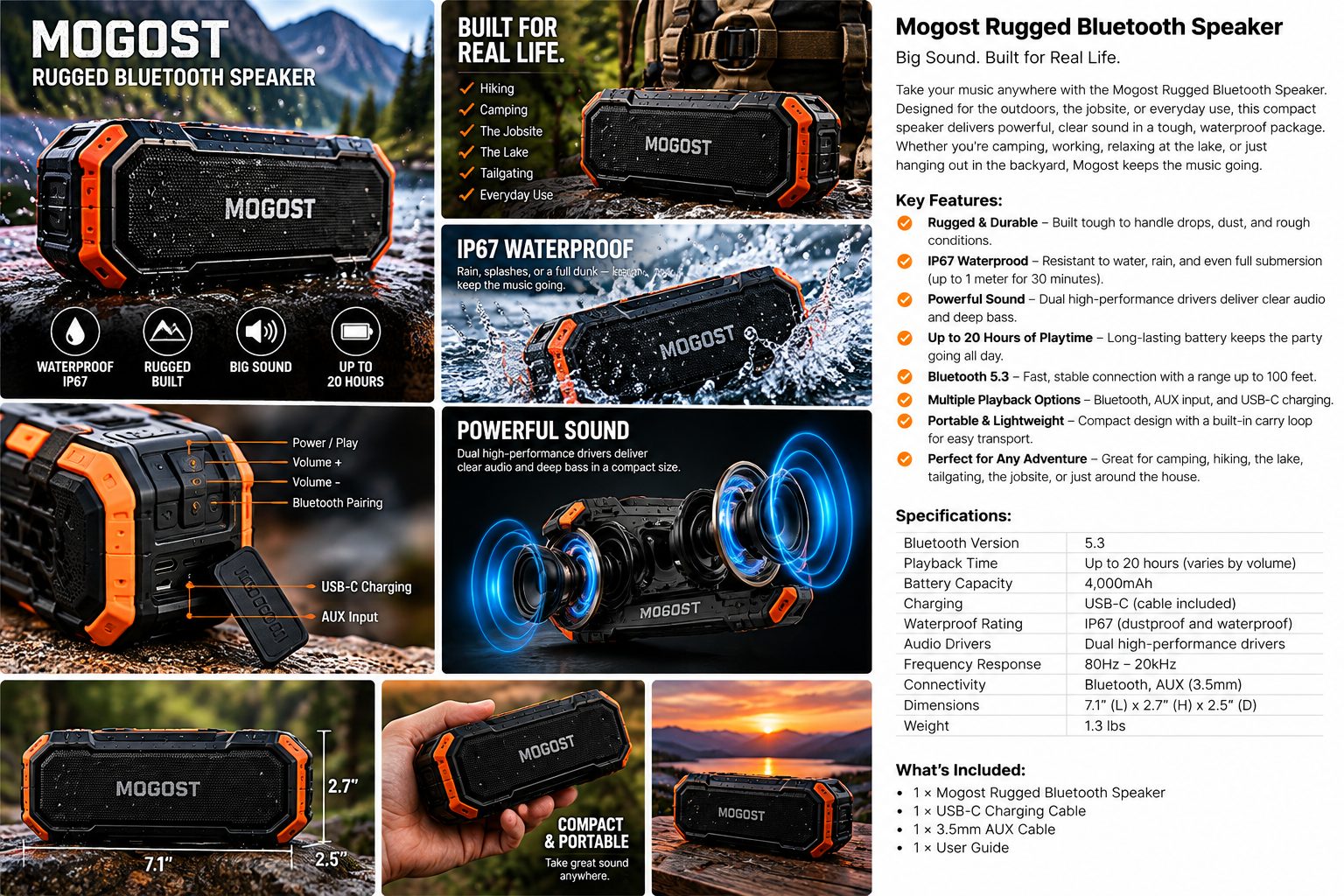 Mogost Rugged Bluetooth Speaker – IP67 Waterproof, 20-Hour Battery, Bluetooth 5.3
